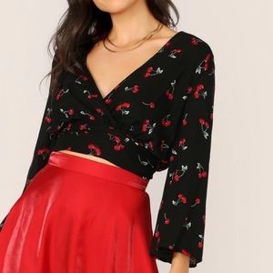 Shein Cherry Tie Up Wrap Blouse
